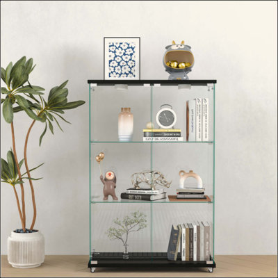 Vitrine moderne en verre avec lumières DEL, armoire antique à assemblage rapide, bibliothèque en verre trempé, convenant au salon et aux chambres à coucher, 2 tablettes à 3 portes