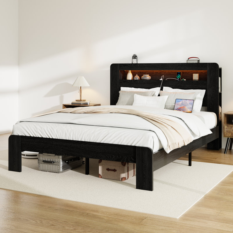 Platform Bed Frame With Storage Headboard, Led Lights & 2 Usb Ports + 2 Outlets - Noise-Free Wood Bed Frame, No Box Spring Needed, Easy Assembly, Large Under Bed Storage