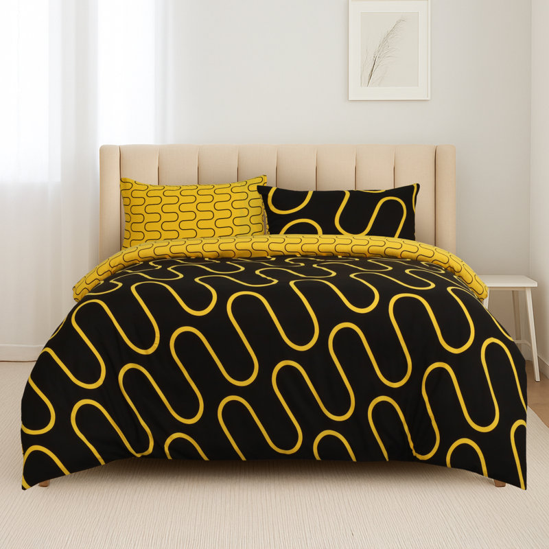 Soft Microfiber Printed Duvet Cover Set with Pillowcases, Single Duvet Cover + 1 Standard Pillowcase, Ochre/Black Wave