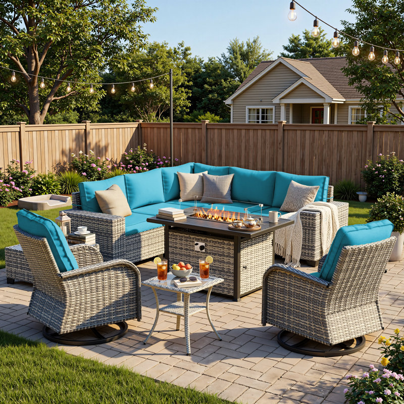10-Piece Outdoor Patio Sectional Conversation Set With Fire Pit Table And Swivel Rocker Chairs, Turquoise Blue