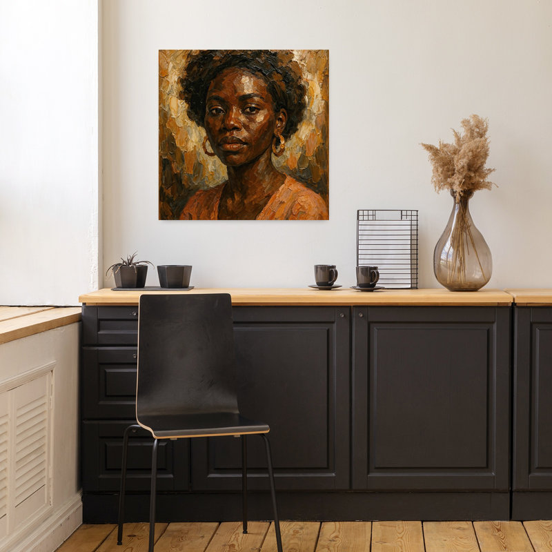 Portrait d'une femme africaine puissante dans des tons chauds de terre, art mural contemporain abstrait, H 18 po x l 18 po