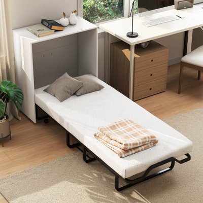 Armoire lit escamotable Murphy avec matelas et roues verrouillables, lit pliant pour petit espace blanc et noir