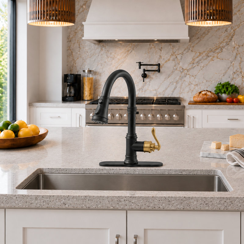Pull‑Down High‑Arc Single‑Handle Kitchen Sink Faucet with 3‑Function Spray Head and 10‑Inch Deck Plate, Modern Kitchen Faucet,Black Gold