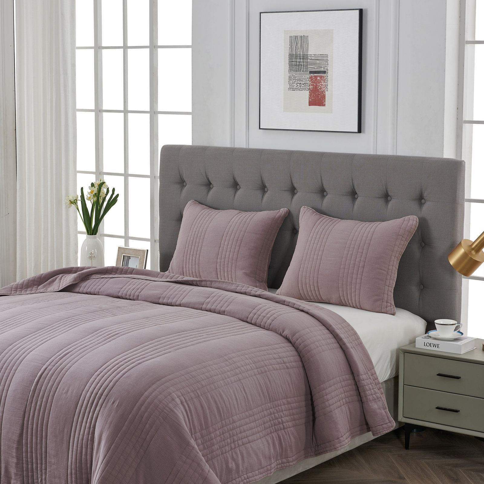 Cotton Quilt Set, King Quilt + 2 King Shams, Eggplant