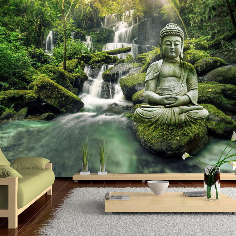 Adhésif mural Enam Buddha Waterfall of Harmony, L 55 po x l 77 po, Bleu