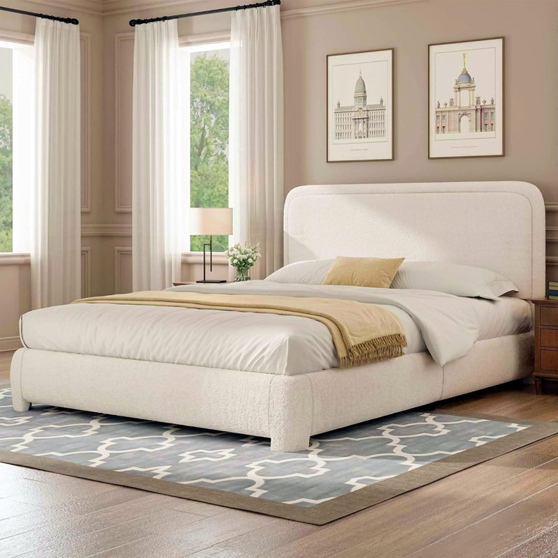 Full Size Cream Boucle Upholstered Platform Bed Frame with Headboard
