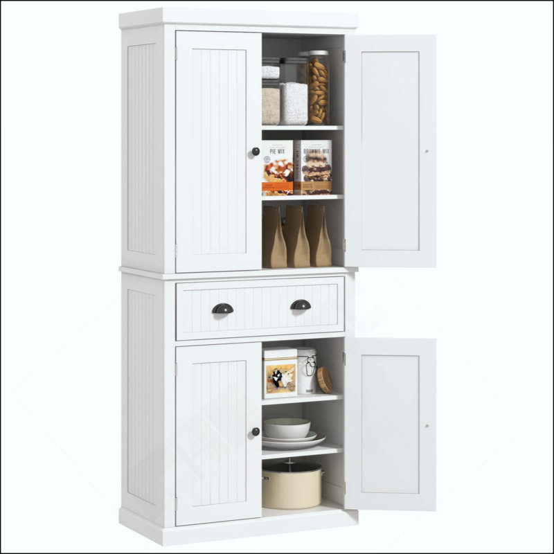 Garde-manger, armoire de rangement haute, armoire autoportante avec tiroir, portes et tablettes réglables, Blanc