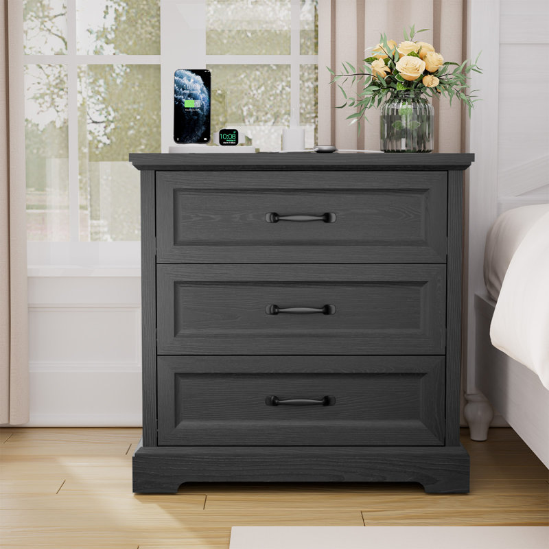 Kadric 23.6'' W 3-Drawer Farmhouse Nightstand With Charging Station, Black