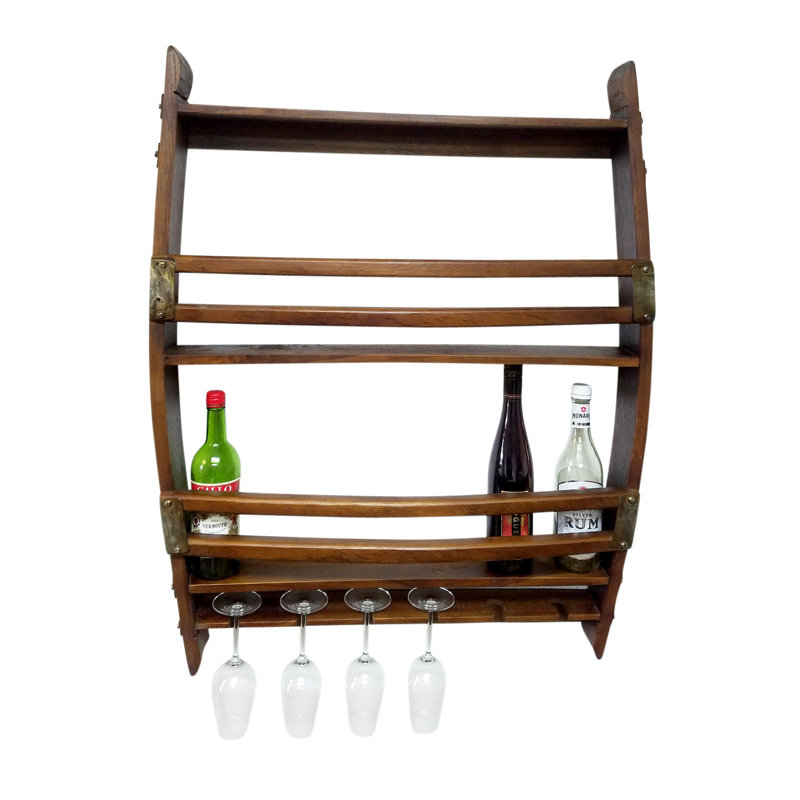 16 Bottle Solid Wood Wall Mounted Wine Bottle & Glass Rack in Brown