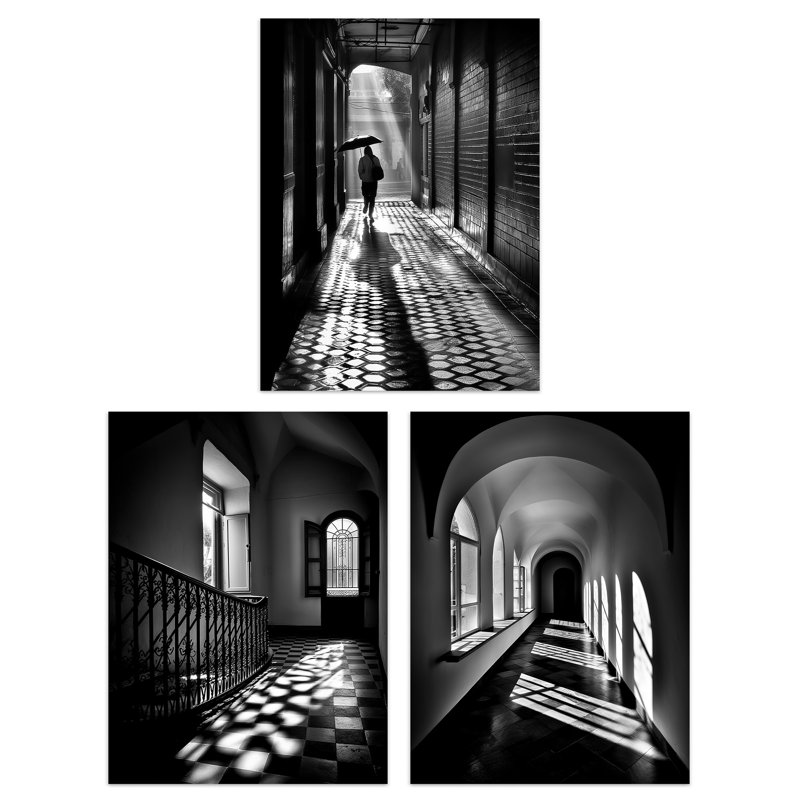 Shadows And Light Black White Geometric Patterns Atmospheric - 3 Piece No Frame Print, 40.5cm H x 30.5cm W x 0.3cm D