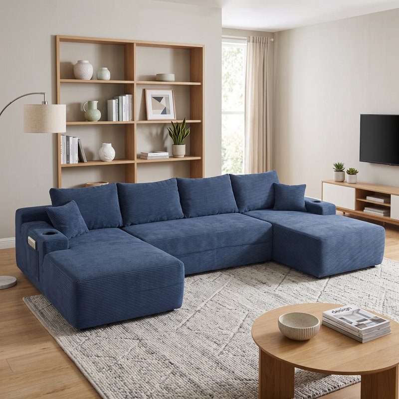 Canapé modulaire en U avec méridienne et velours côtelé Aino, Bleu