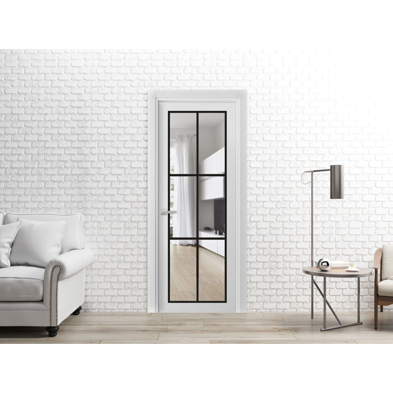 Solid French Pre-Hung Door | Lucia 2366  Clear Glass | Single Regular Panel Frame Trims Handle | Bathroom, White, 30" x 80"