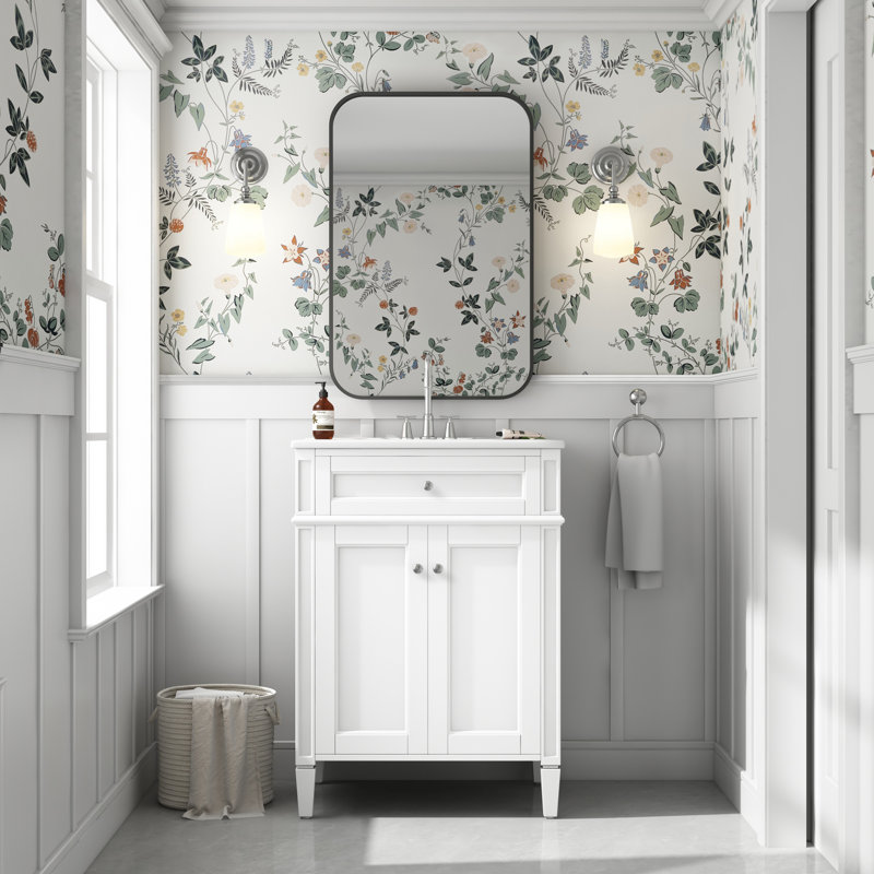 Meuble-lavabo 24 po avec 2 portes et tiroir escamotable, armoire de rangement de salle de bain avec lavabo, portes à fermeture en douceur avec organisateurs