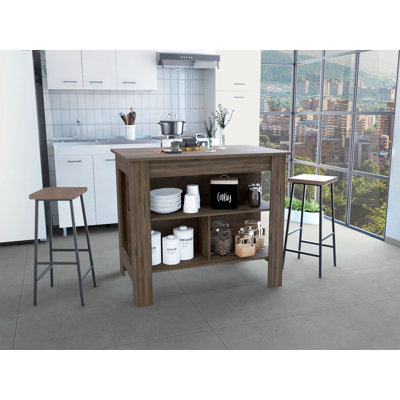 Îlot de cuisine Delos, quatre pieds, trois tablettes, brun foncé