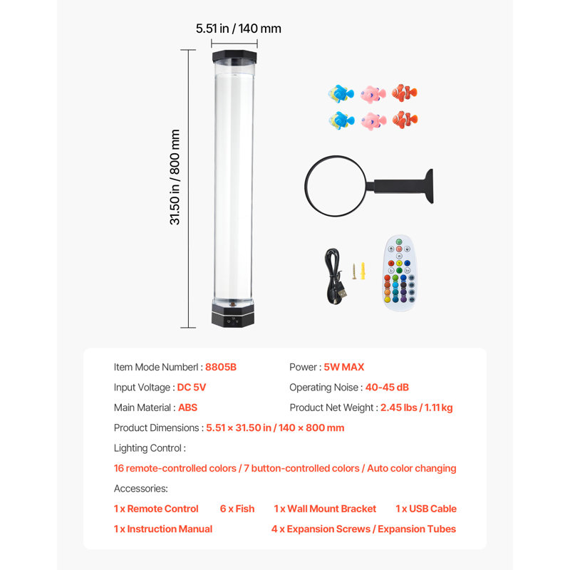Bubble Tube Lamp 16 couleurs pour aquarium sensoriel apaisant, 31.5", "5 W"