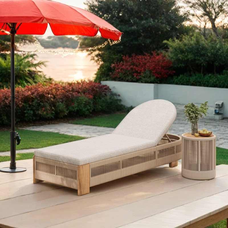 Chaise longue d'extérieur avec table d'appoint tissée, structure en bois d'acacia et en fer, Bois naturel