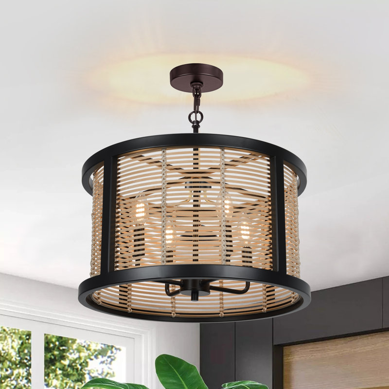 4-Light Farmhouse Rattan Cage Dimmable Chandelier with Black Finish and Adjustable Height