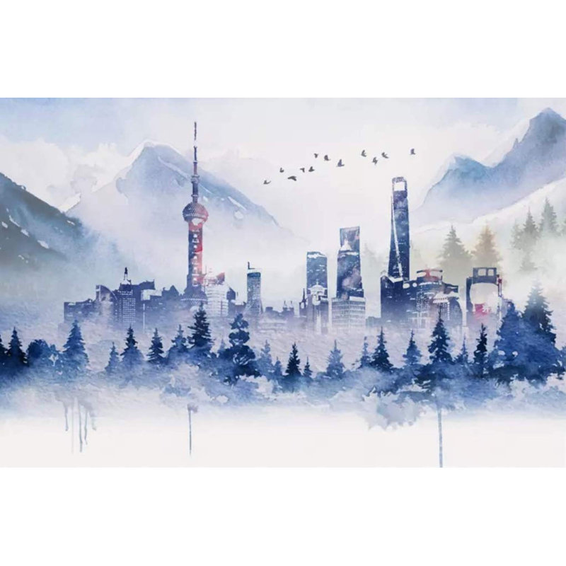 Papier peint amovible moderne Watercolor Cityscape Skyscraper, L 9 po x l 15 po