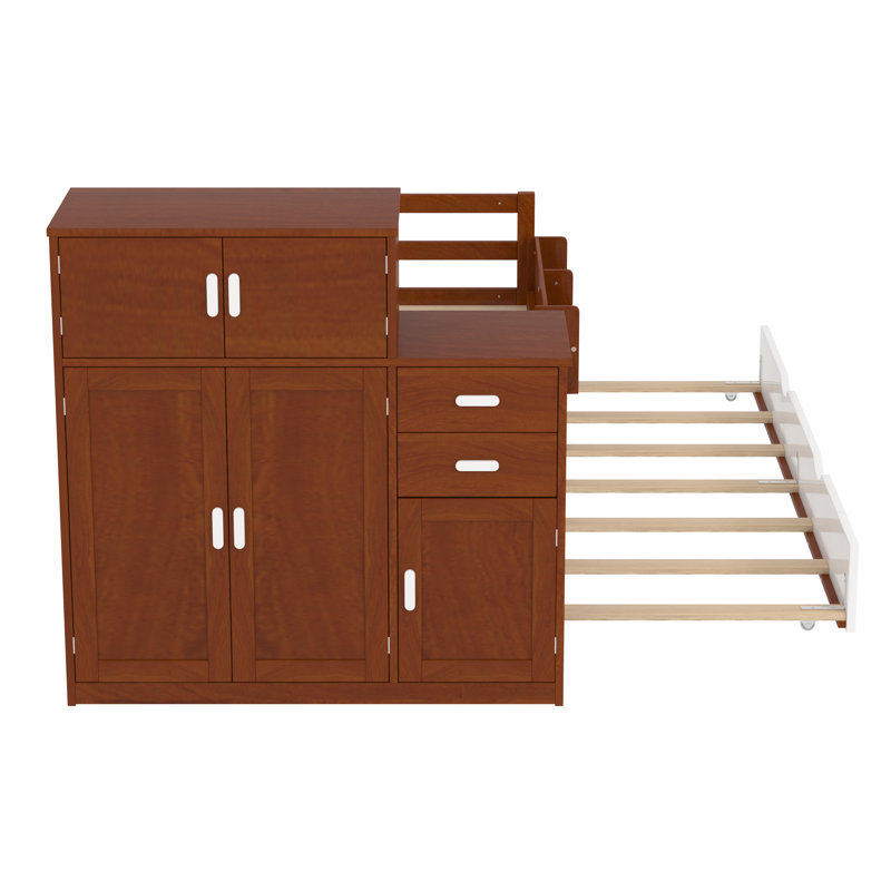 Lit plateforme en bois de taille avec bibliothèque pour échantillon et garde-robe mobile, lit multifonctionnel avec lit gigogne intégré,