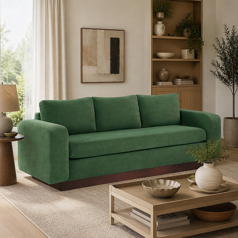 Canapé moderne à 3 places avec accoudoirs surdimensionnés et base en bois d'hévéa, Green Chenille