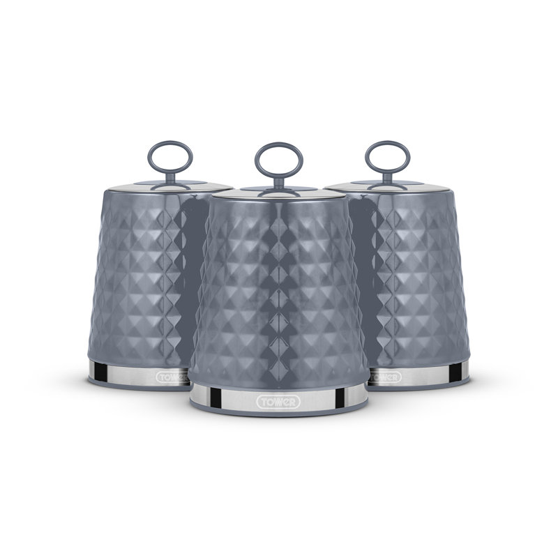 Tower Solitaire Canisters, Mirror Finished Steel Lid with Round Loop, Airtight, Grey