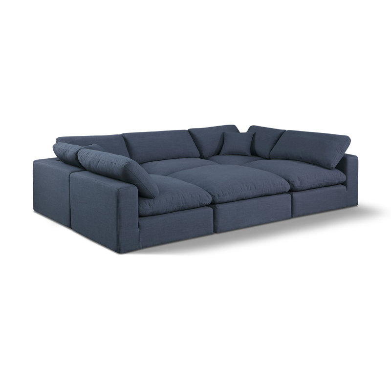 Canapé modulaire 6 pièces Husnein, Tissu texturé en lin bleu marine
