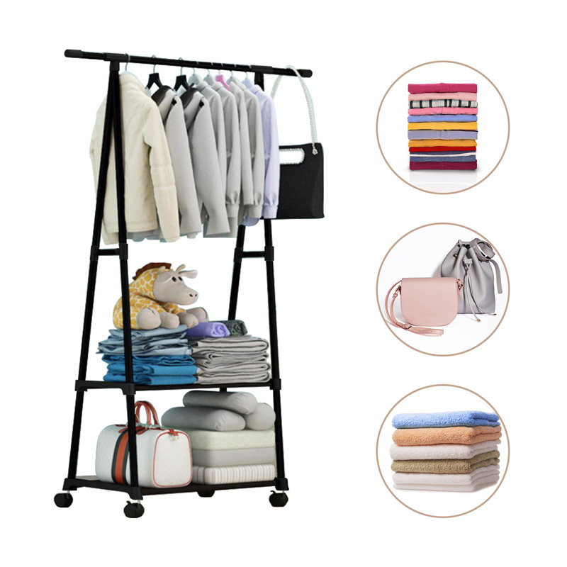 Portant à vêtements sur roulettes, portant à vêtements avec tablettes de rangement à 2 niveaux