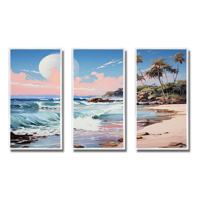 «Green Tropical Beach Escape II» - art mural bord de mer tropical, Cadre flottant blanc, H 32 po x l 48 po x P 1 po