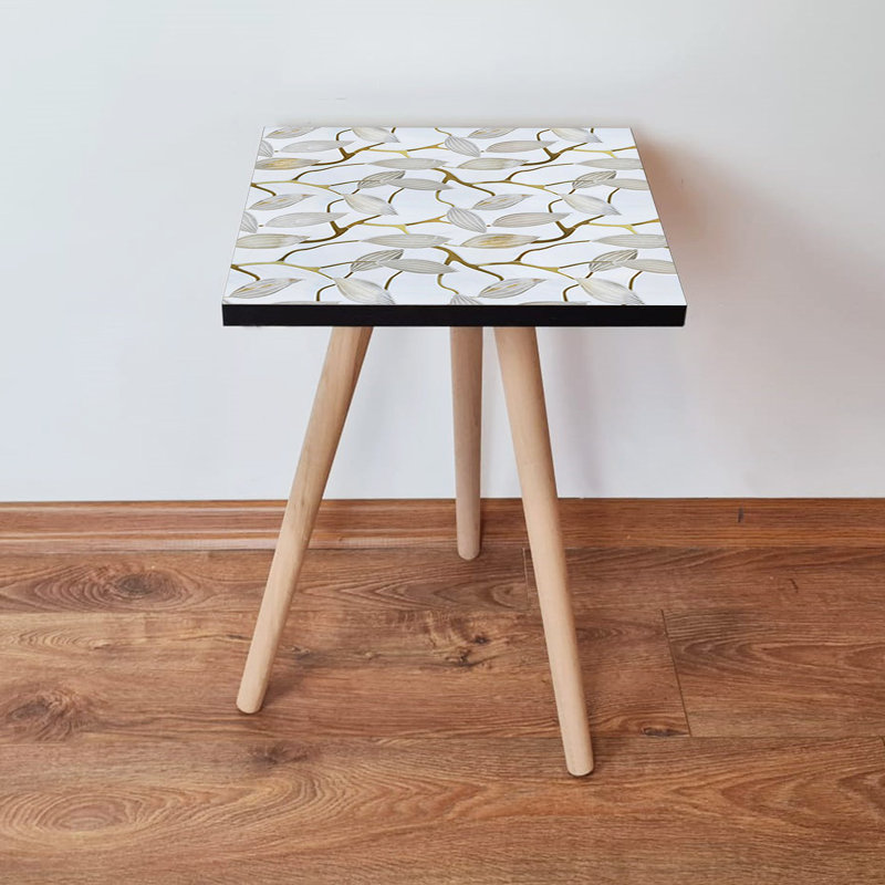 Modern Side Table with Beech Wood Legs, White & Gold & Grey Finish, 13.8 x 16.5 x 13.8 inches | 100% MDF, 0.71 inches Thick | Scandinavian Design for Stylish Living Rooms & Bedrooms, Elegant & Functional