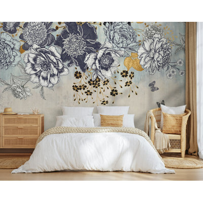 Papier peint croquis floral bleu avec branches dorées