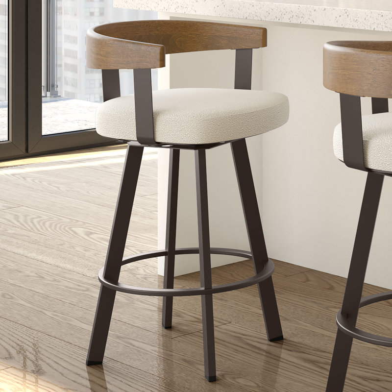 Drees Swivel Upholstered Counter & Bar Stool with Wood Backrest, Cream Bouclé Polyester, Dark Brown