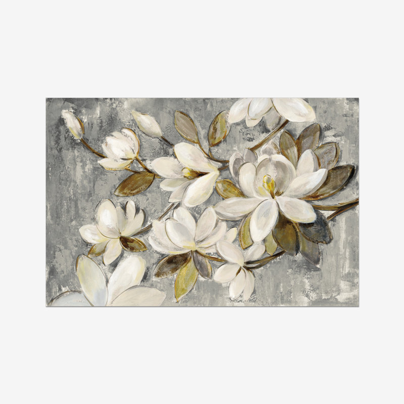 Magnolia Simplicity Neutral Grey by Silvia Vassileva - Painting, Wrapped Canvas, 30cm H x 46cm W