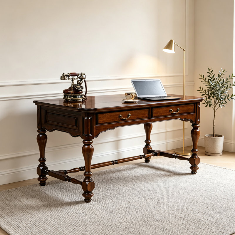 Bureau en bois d'hévéa rétro American Style, H 30,7 po x l 62,99 po x P 27,55 po