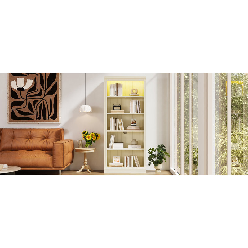 83 tablettes de rangement de 83 po de hauteur avec DEL à trois couleurs, tablettes réglables, beige et jaune, convenant à un ensemble de vidage de bibliothèque de décor de salon, trou de câble, 85,3 po de hauteur, différentes pièces jaunes