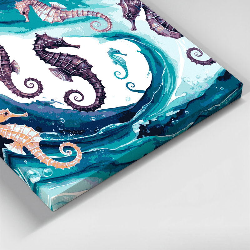 Art mural sur toile bleu hippocampes nautiques, H 20 po x l 30 po