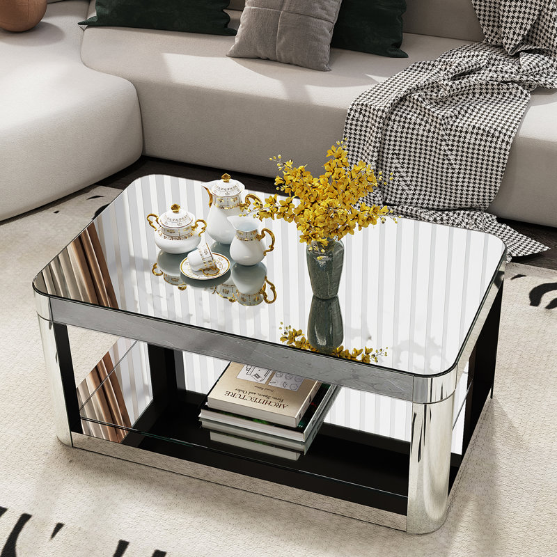 Modern Glam 39.4" Mirrored 2-Tier Coffee Table with Rounded Edges & Open Storage For Living Room