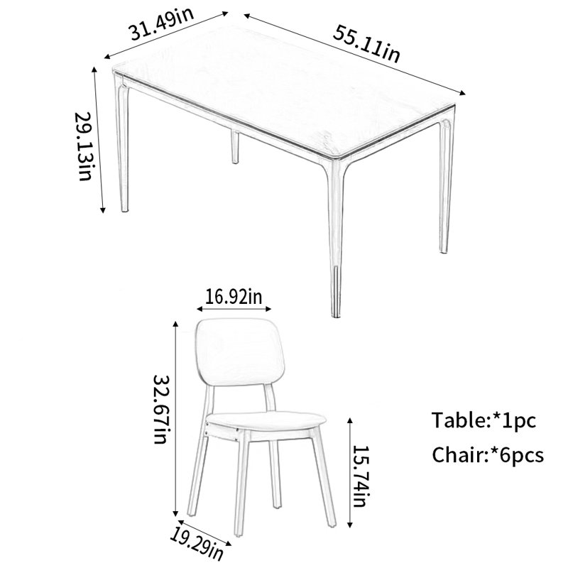 Ensemble de salle à manger rectangulaire moderne simple L 55,11 po x l 31,49 po, Ensemble repas 7 pièces