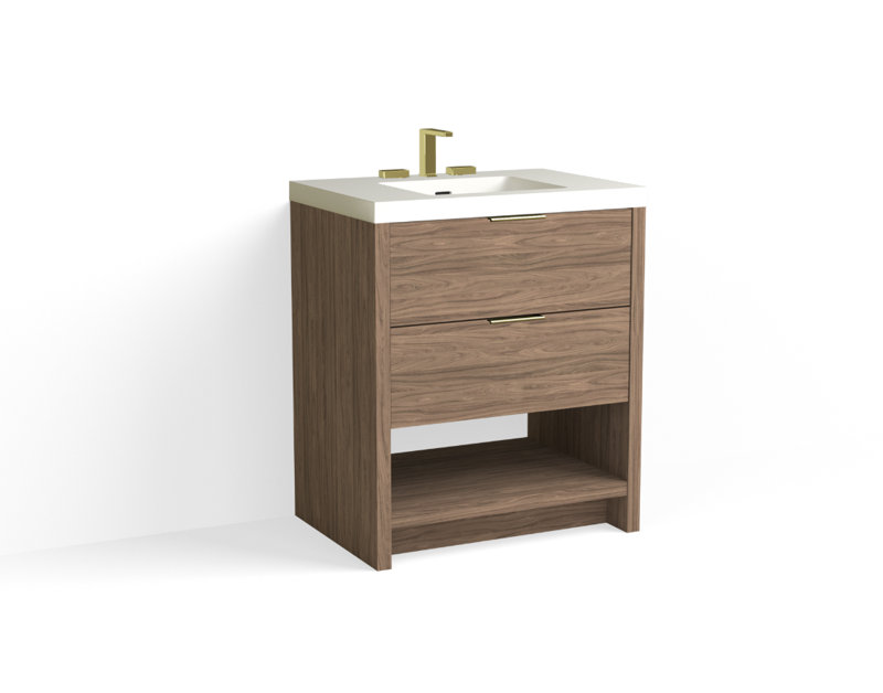 Vue 30" W Freestanding Single Bathroom Vanity, Matte White/8" Widespread, Nocino, Satin Brass