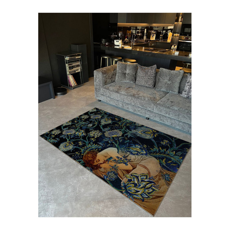 Tapis décoratif noir à motif floral noir, Sous-tapis rectangulaire de 3 pi 3 po x 4 pi 11 po