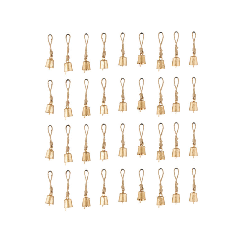 Metal Tibetan Inspired Indoor Outdoor Gold Decorative Bells With Brown Jute Rope And Canvas Drawstring Tote Set