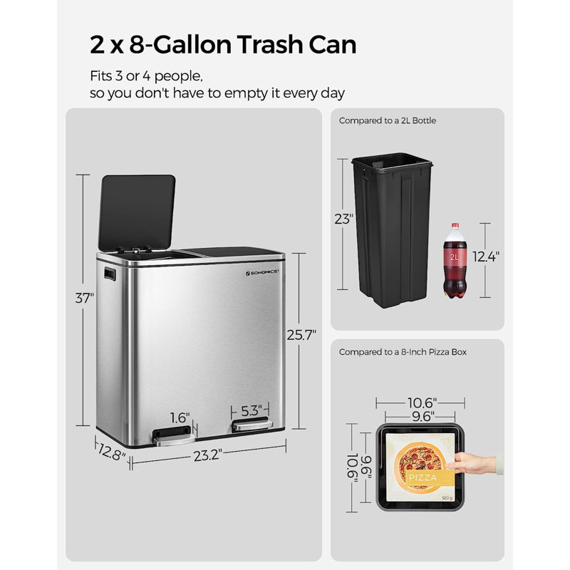 16 Gallon Silver Stainless Steel Dual Compartment Kitchen Trash Can
