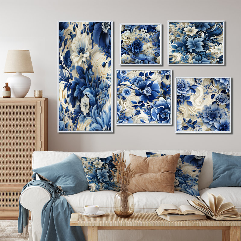 Stamford - Ensemble de 5 impressions murales florales, Cadre flottant blanc