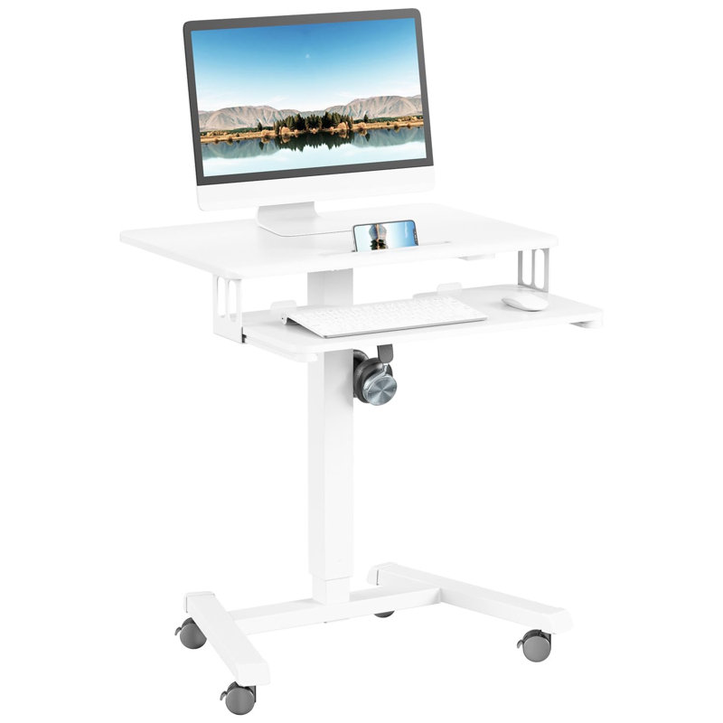Mobile Rolling Small Table, Adjustable Height Computer Desk with Keyboard Tray, White