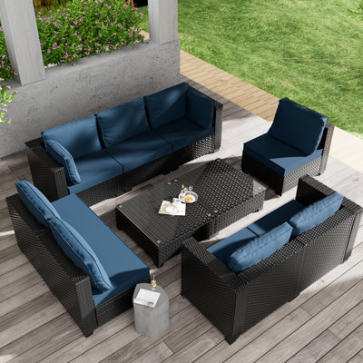 8-Person  Rattan Patio Furniture Set Outdoor Sectional Conversation Sofa With Thick Cushions For Seating