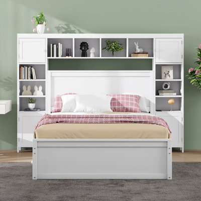 Full Size Wooden Bed With All-In-One Cabinet, Shelf And Sockets, Wood Bed Frame Withtwin Size Trundle For Kids Teens Adults