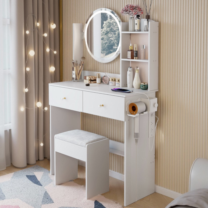 17" Round LED Mirror Vanity Table with Cushioned Stool – Adjustable Brightness, White