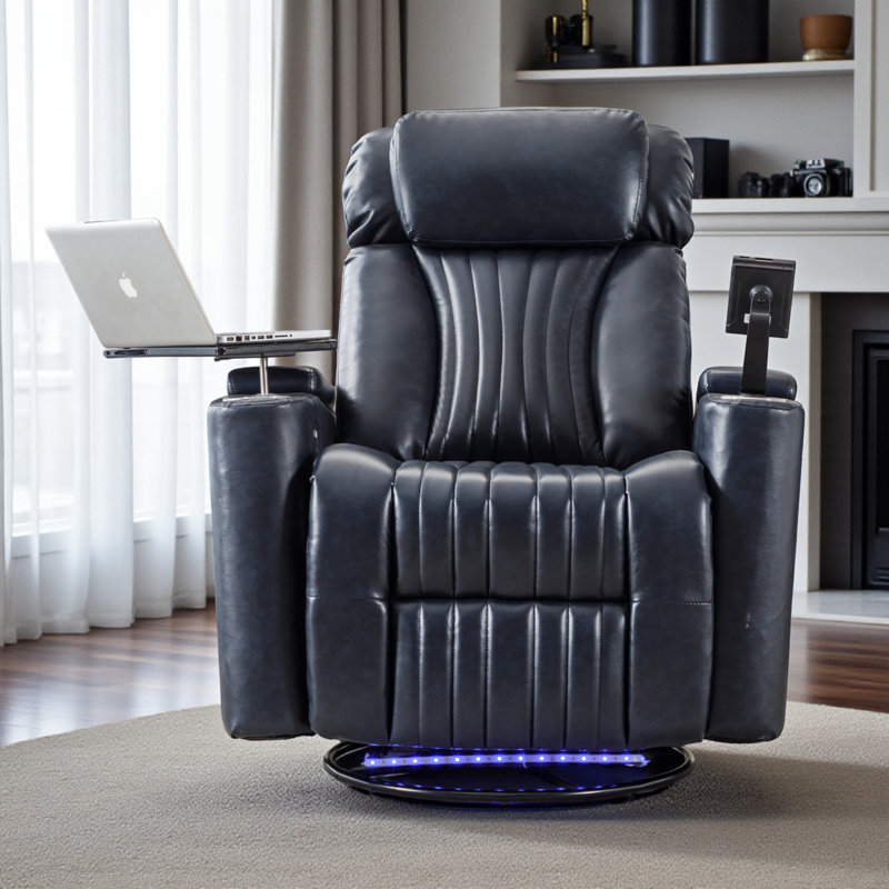 Fauteuil inclinable pivotant électrique à 270 ° Finnegan avec DEL et rangement caché, Cuir PU bleu