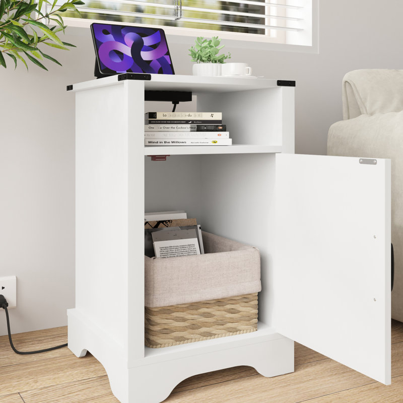 Arnoltice Nightstand - White, Electrical Outlets Charging, Rustic End Table, Large Hidden Storage Space Side Table With Charging Station White. , Generous
