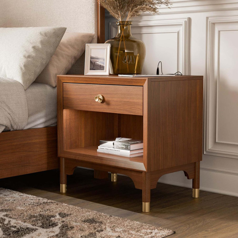 Table de chevet 1 pièce Mid-Century moderne avec tiroir en queue d'aronde et port USB