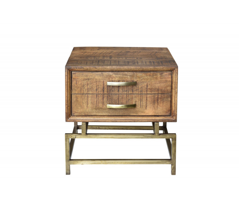 Gillham 21" Brass And Brown Solid Wood And Iron Square End Table With Drawer